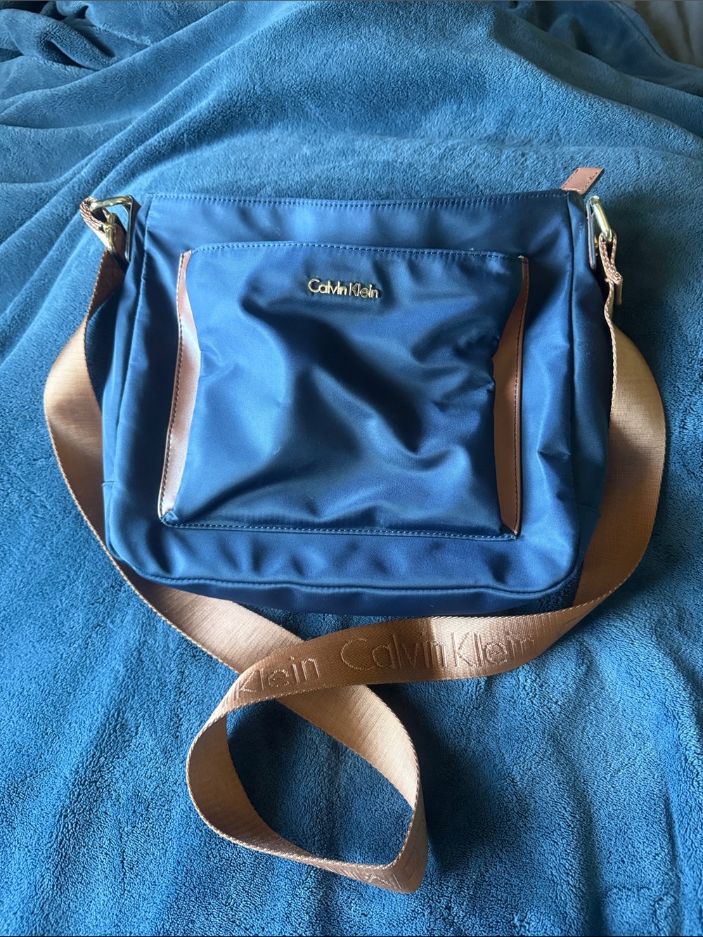 Calvin Klein Blue Messenger Bag with Brown Trim